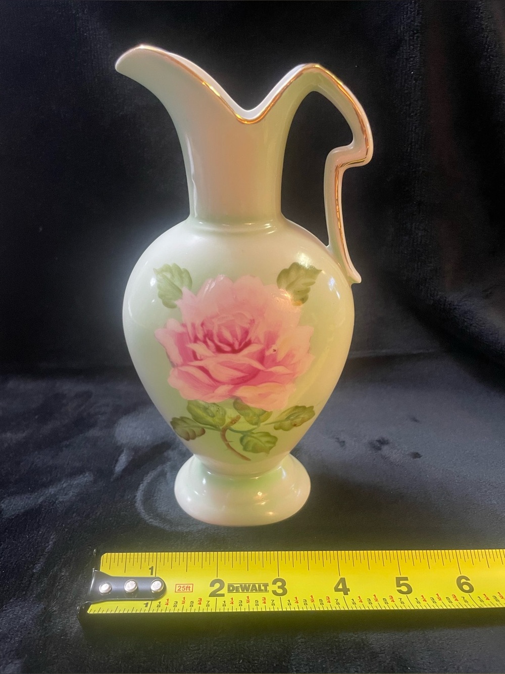 Hand-Painted Pink Rose Ceramic Pitcher Vase with Gold Trim